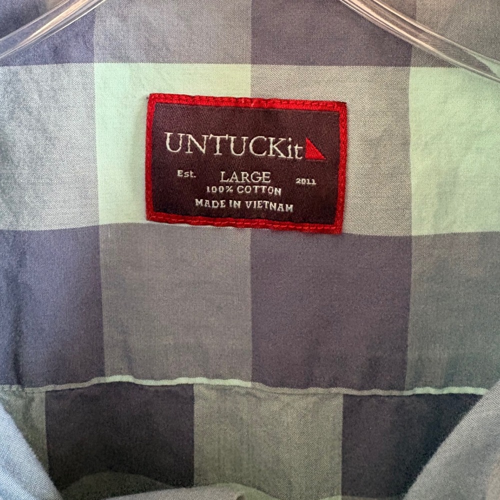 UNTUCKit Mens Lg Short Sleeve Cotton Button Down Shirt Green Navy Buffalo Check - Picture 5 of 5